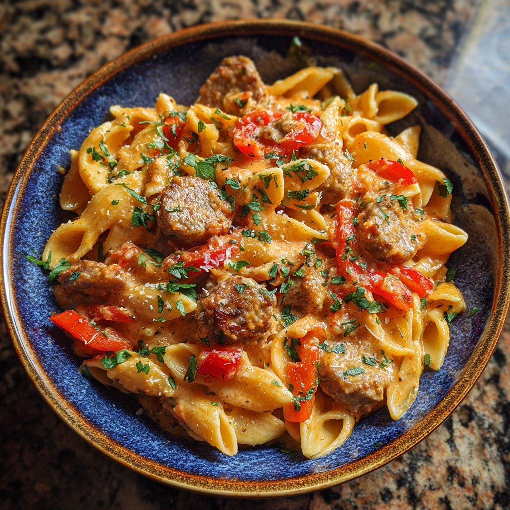 One Pot Cajun Sausage Pasta with Tomato Cream Sauce
